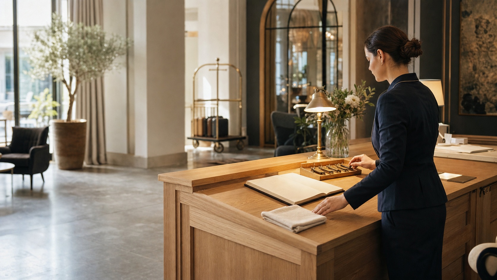 Réceptionniste préparant une réception d’hôtel élégante avec clés, registre et comptoir en bois, pour l’ouverture ou la fermeture du service.