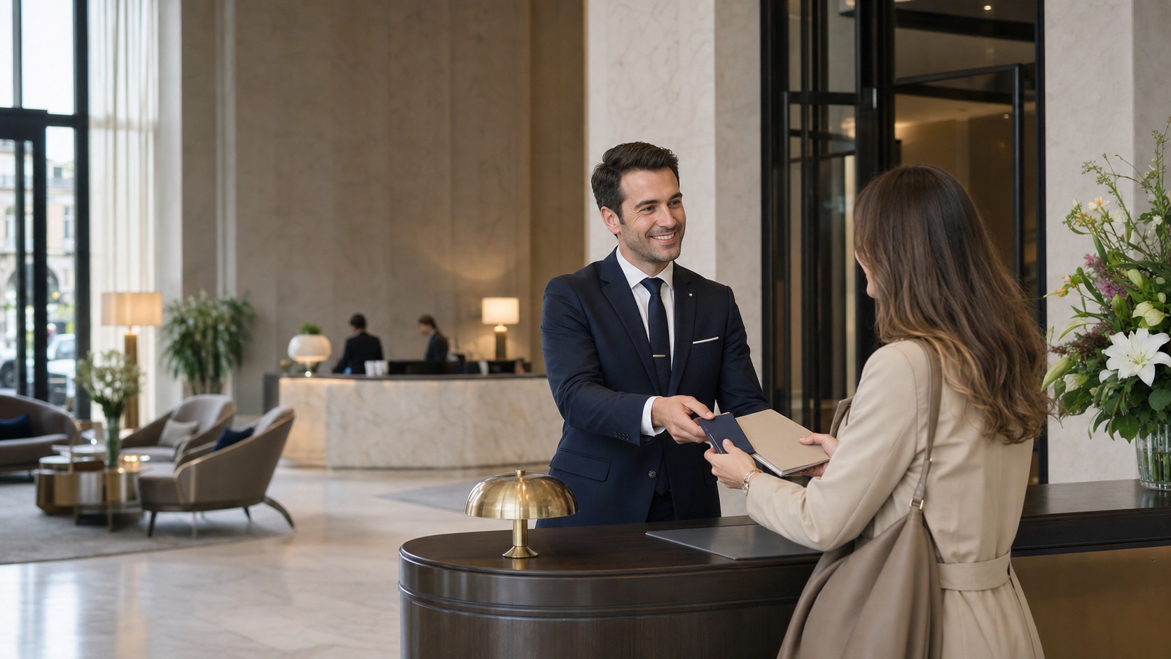 Concierge d’hôtel accueillant une cliente dans le hall élégant d’un établissement haut de gamme