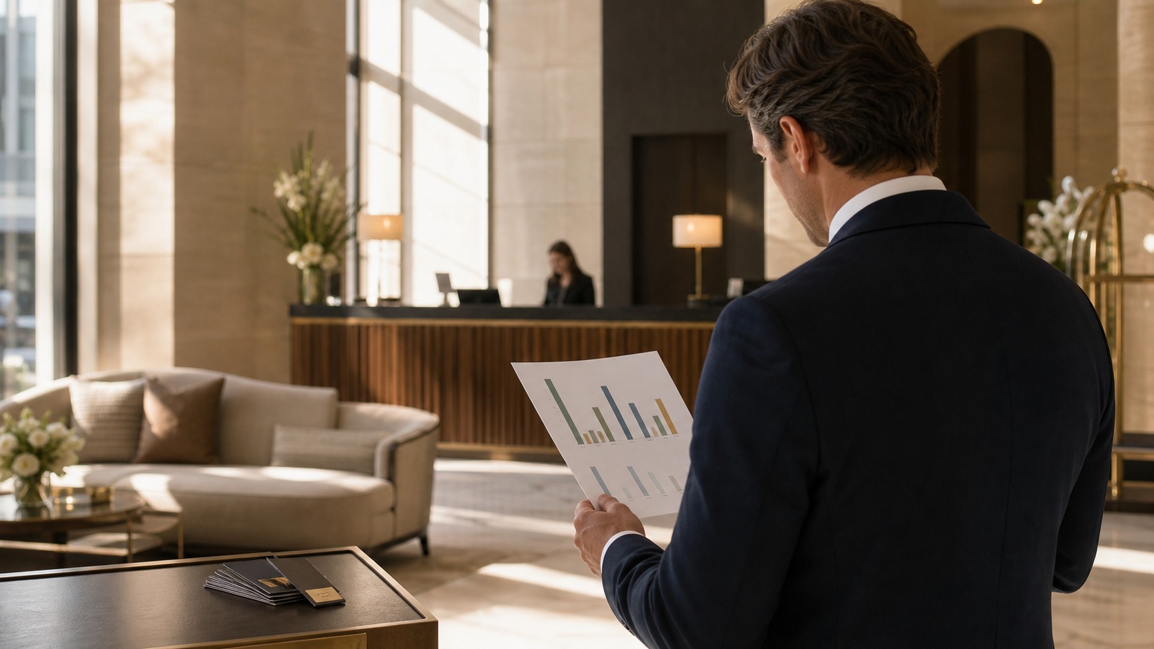 Lobby d’hôtel contemporain et haut de gamme avec un gestionnaire consultant un rapport de performance, illustrant l’optimisation du GOPPAR hôtel.