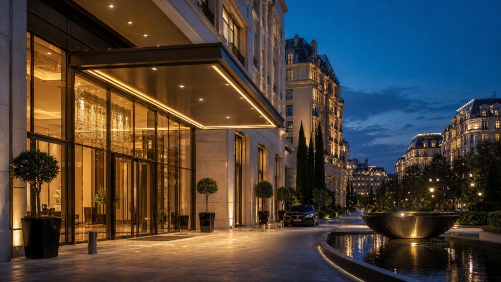 Entrée élégante d’un hôtel de luxe contemporain éclairée au crépuscule, avec plusieurs établissements haut de gamme visibles en arrière-plan.