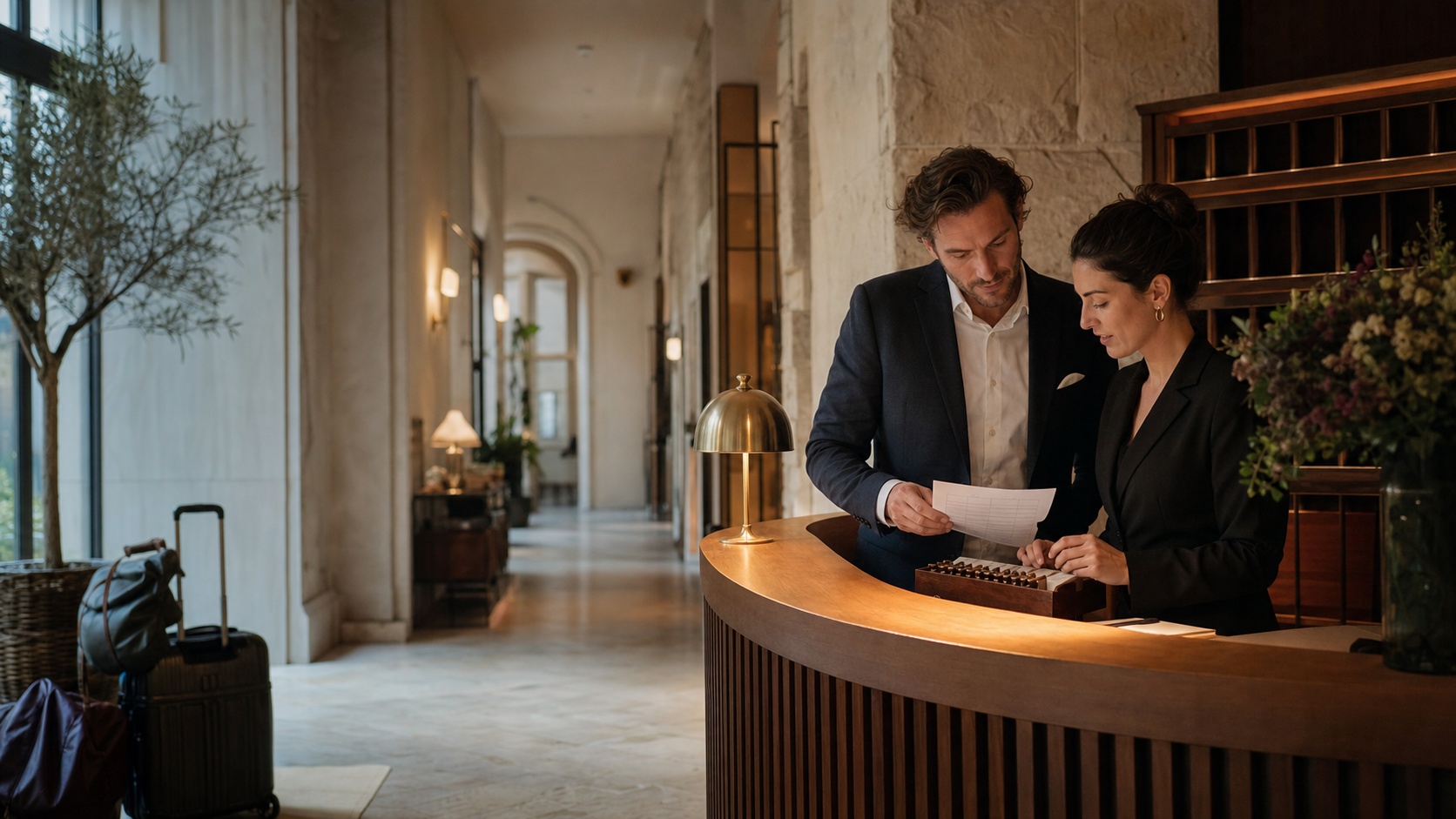 Réception d’un hôtel contemporain où une équipe organise efficacement les arrivées et la gestion des chambres.