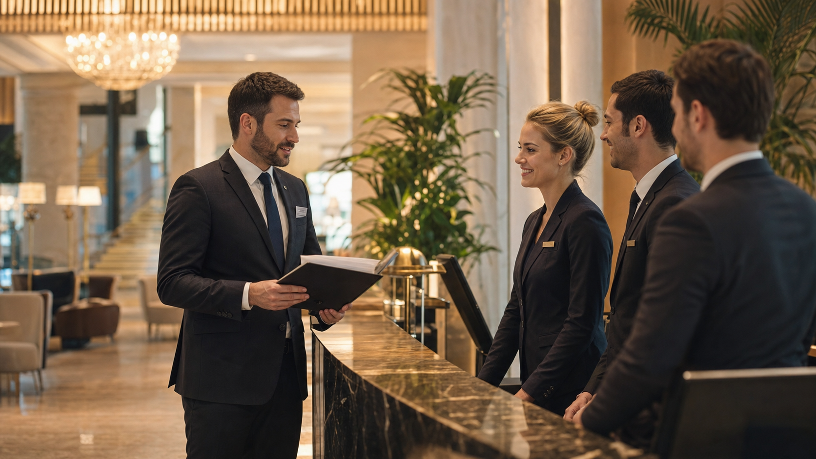 Duty manager coordonnant une équipe dans le lobby d’un hôtel