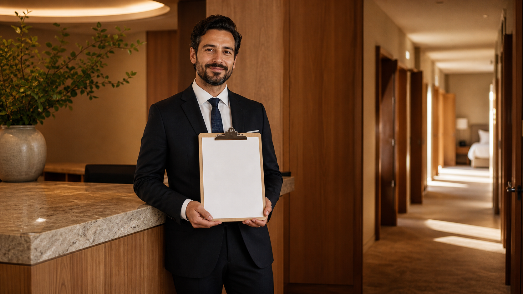 Photographie réaliste d’un hôtel moderne avec réception élégante, responsable hôtelier tenant un presse-papiers vierge et couloir de chambres illustrant la gestion des tarifs et de l’occupation