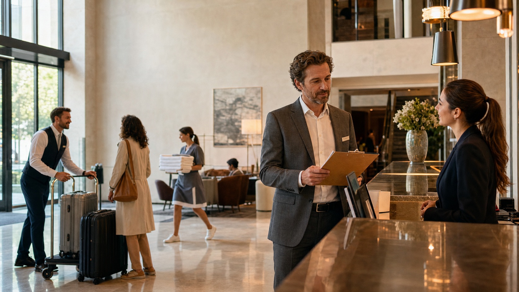 Équipe d’un hôtel coordonnant l’accueil et les services durant un pic d’activité dans un lobby contemporain.