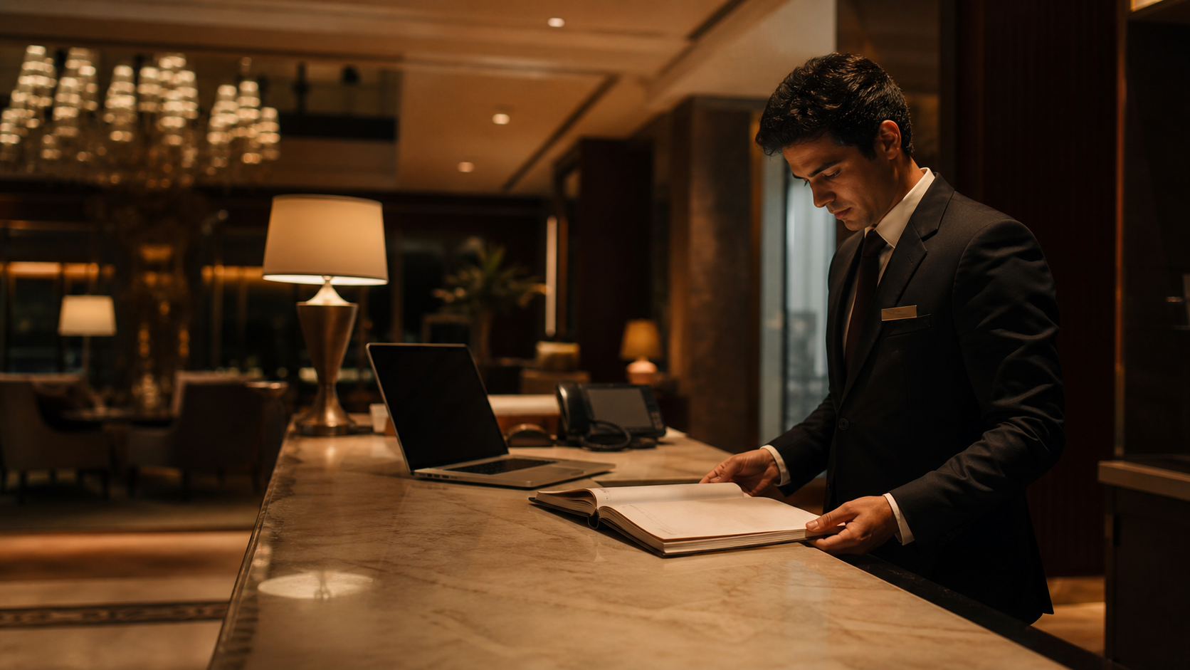 Night auditor travaillant à la réception d’un hôtel