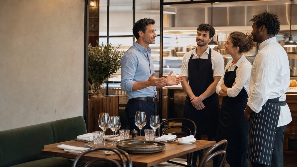 Équipe de restaurant réunie autour de son manager avant le service, illustrant la fidélisation des employés en hôtellerie-restauration