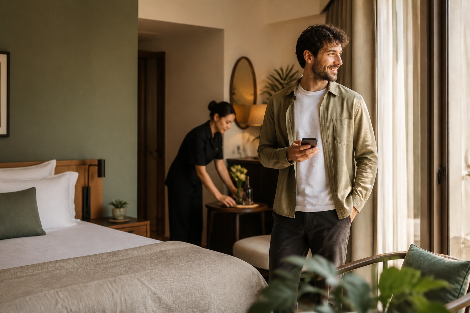 Client dans une chambre d’hôtel élégante consultant son smartphone pendant qu’un membre du personnel prépare un détail d’accueil.