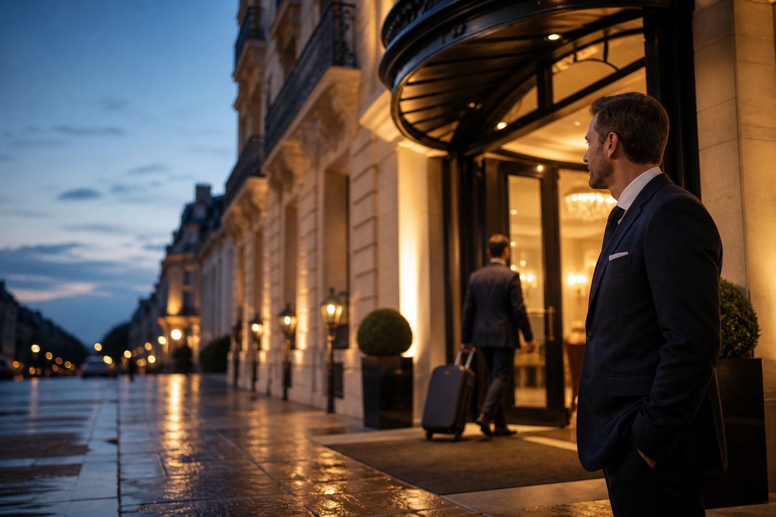 Façade d’un hôtel haut de gamme éclairée à la tombée du jour, avec un voyageur arrivant en valise et un responsable observant l’entrée.