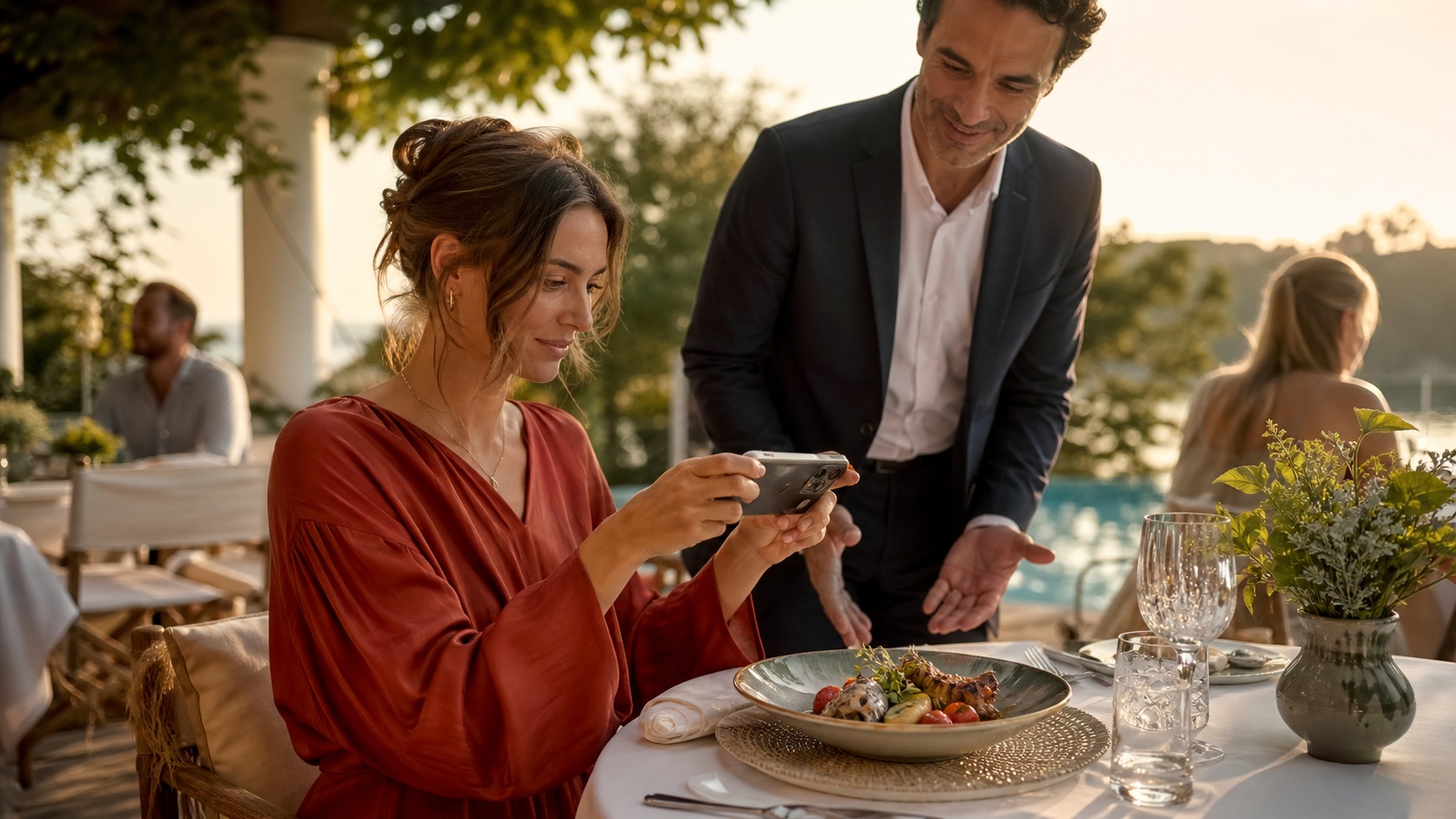 Créatrice de contenu photographiant un plat sur la terrasse d’un hôtel-restaurant élégant au coucher du soleil, accompagnée d’un responsable de l’établissement.