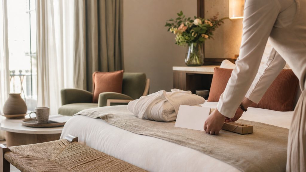 Chambre d’hôtel boutique chaleureuse préparée avec peignoir, cadeau d’accueil et carte vierge pour illustrer la personnalisation hôtellerie