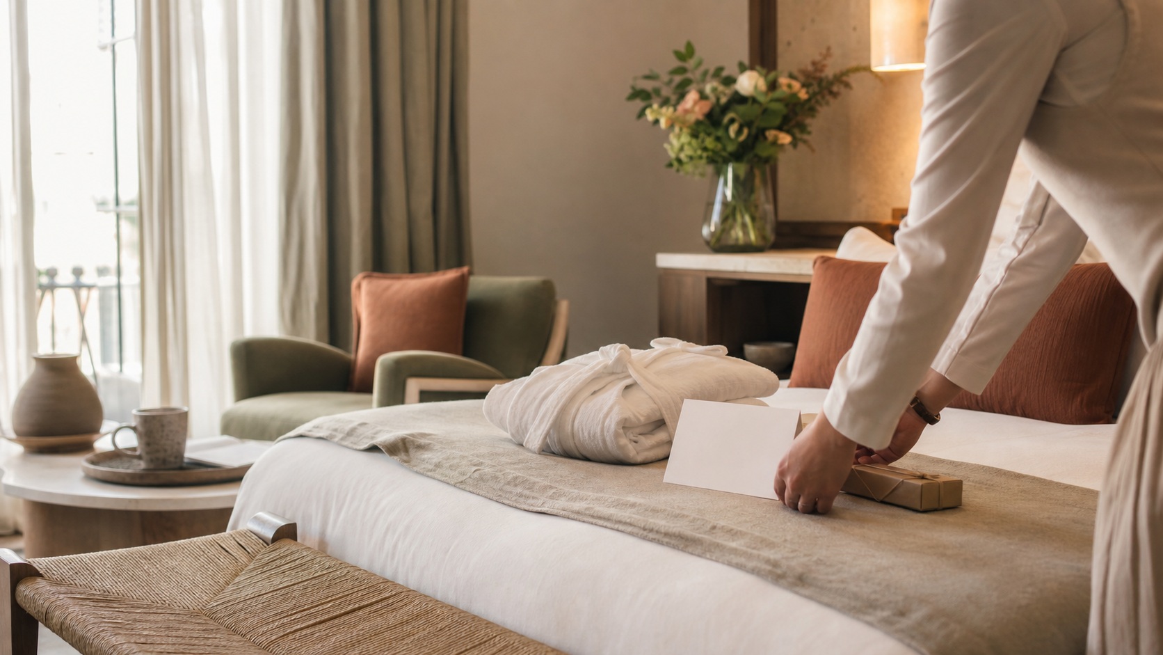 Chambre d’hôtel boutique chaleureuse préparée avec peignoir, cadeau d’accueil et carte vierge pour illustrer la personnalisation hôtellerie