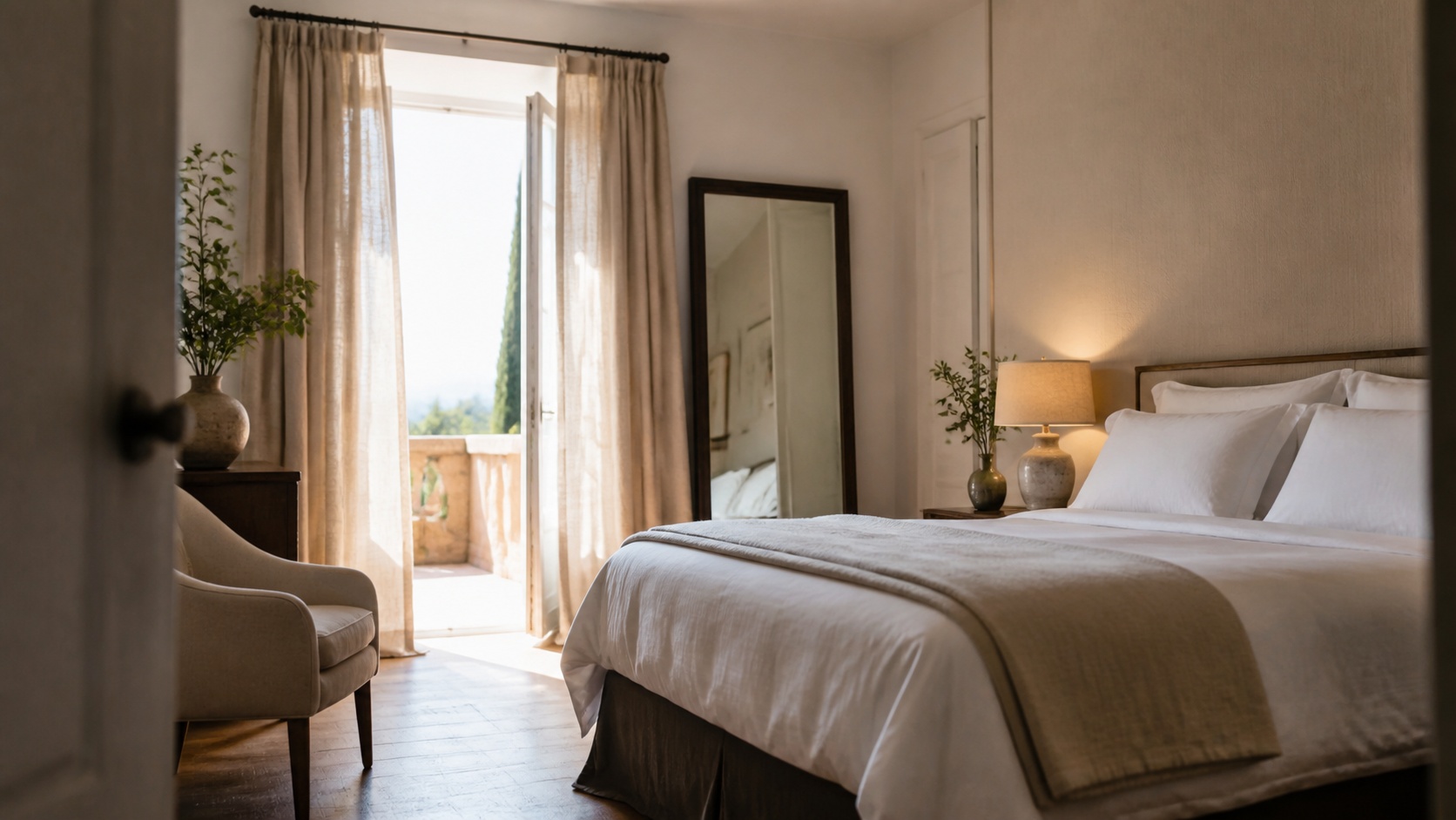 Chambre d’hôtel haut de gamme soigneusement préparée pour un shooting photo, avec lit impeccable, lumière naturelle et terrasse ouverte.