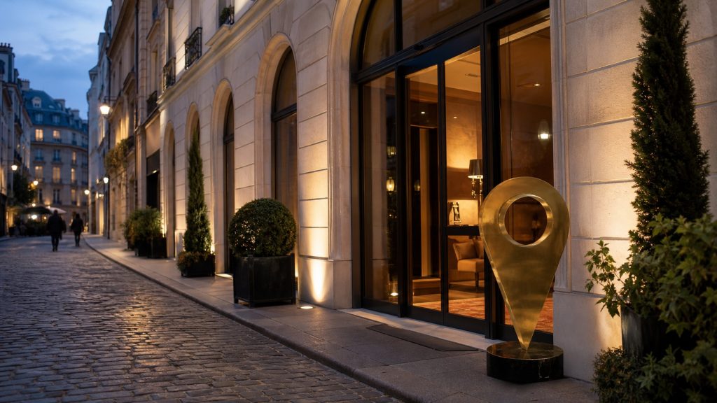 Façade d’un hôtel boutique dans une rue parisienne au crépuscule, avec une grande épingle de localisation dorée devant l’entrée.