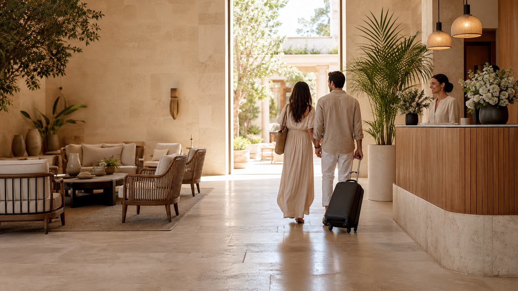 Lobby lumineux d’un hôtel-boutique élégant avec des voyageurs accueillis, illustrant une expérience de réservation rassurante et fluide.