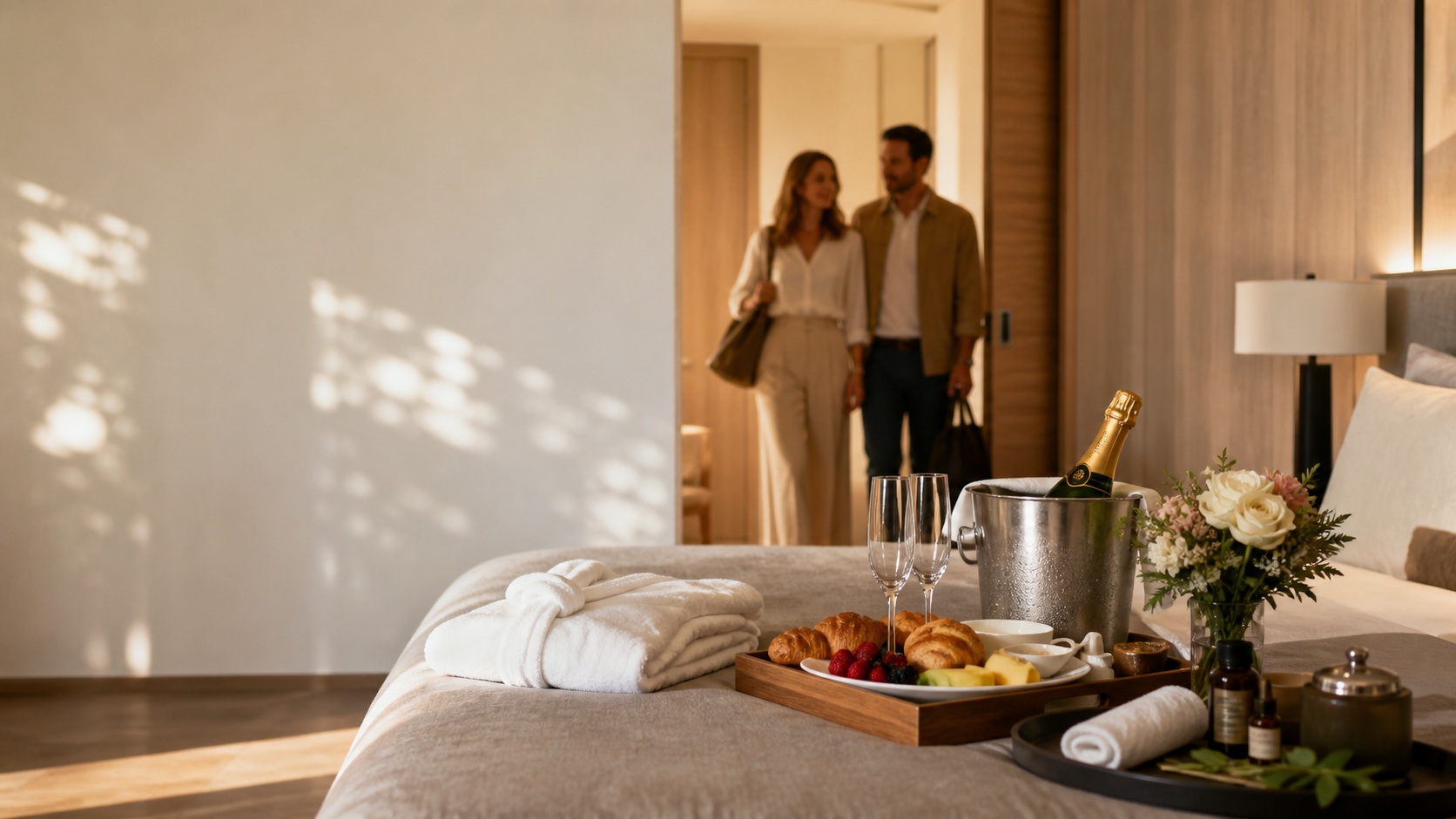 Suite d’hôtel haut de gamme avec petit-déjeuner, champagne, fleurs et produits bien-être préparés pour un couple, illustrant des offres d’upselling hôtelier.